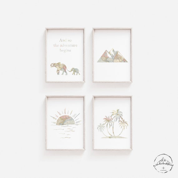 Tropical Bedroom Wall Art, Sunset Print, Mountain Nursery Print, DIGITAL DOWNLOAD, Elephant Wall Art, Palmtree Printable, Playroom Prints