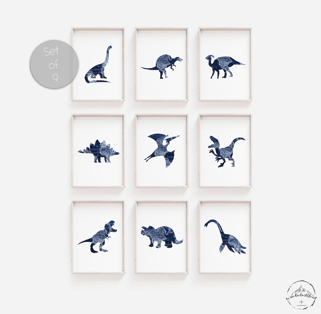 Navy Blue Dinosaur Art, Dinosaur Wall Prints, Dinosaur Nursery Decor