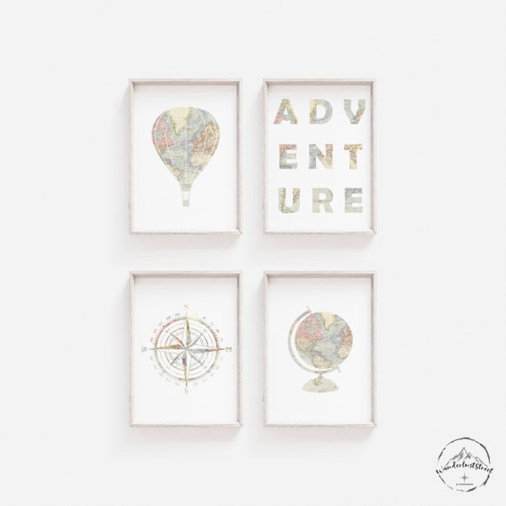 Neutral Nursery Wall Art, Travel Nursery Printables, Hot Air Balloon Print, Nursery Wall Decor, DIGITAL DOWNLOAD, World Map Wall Prints