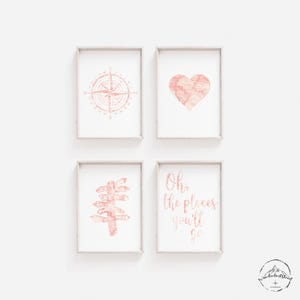 Pink Travel Theme Bedroom Decor, Blush Pink Nursery Wall Art, DIGITAL DOWNLOAD, World Map Prints, Compass Deco, Girls Travel Nursery Decor
