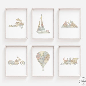 Impresiones de la guardería del mapa del mundo, arte de la pared del dormitorio de los niños del tema del viaje, DESCARGA DIGITAL, barco, avión, montañas, impresión de la motocicleta, globo aerostático
