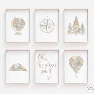 Reizen kinderkamer kunst aan de muur, avontuur thema decor, buiten slaapkamer deco, digitale DOWNLOAD, wereldkaart prints, kompas, globe, pijnbomen