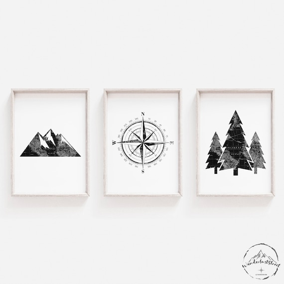 Black And White Boys Bedroom Decor, Adventure Nursery Deco, Camping Wall Art, Outdoors Print Set, DIGITAL DOWNLOAD, Woodland Bedroom Theme