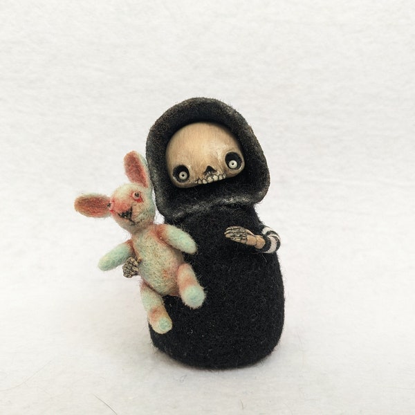 Little death with tiny bunny/ Creepy toy/ Gothic doll/ Halloween toy/ Needle felted pin cushion/ Mystical doll/ Dead rabbit/ Skull