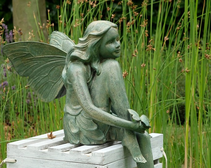 Bronze Garden Sculpture of a Winged Fairy With Butterfly on Hand Bronze