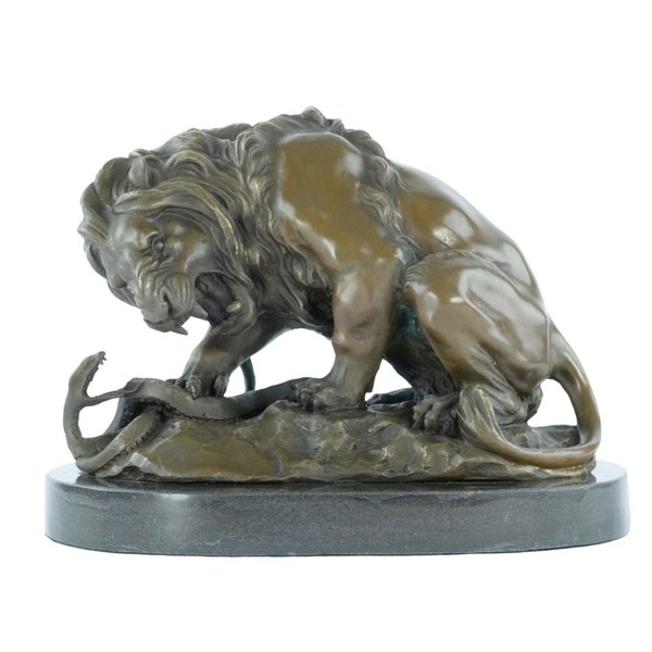 Bronze Sculpture of Lion Fighting Snake Bronze Wildlife Statue Animal Art Figurine Lion and Serpent Bronze Barye Sculpture Lion Statue