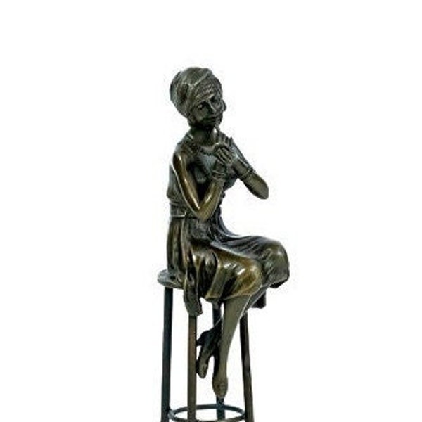 Bronze Sculpture of a Female on Barstool Putting on Lipstick Bronze Female Statue Bronze Woman Figurine Female Art Statue Art Deco Sculpture
