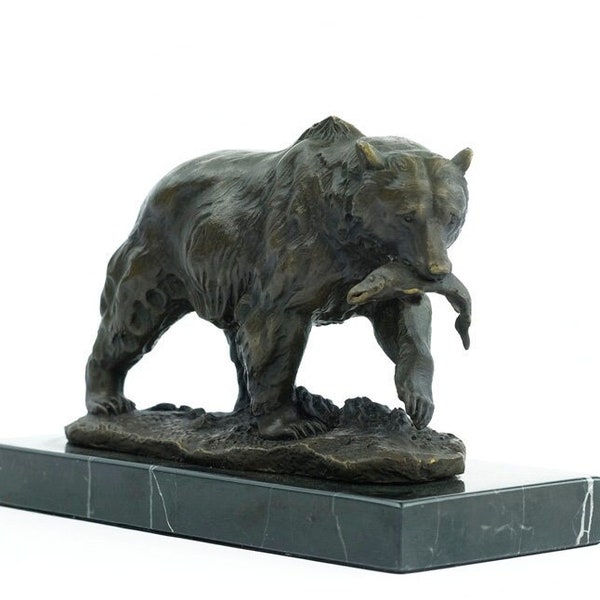 Sculpture d'ours grizzly en bronze Statue d'art animalier Sculpture d'ours pêcheur Sculpture de chasse en bronze Ours grizzli avec poisson Art d'ours Art animalier