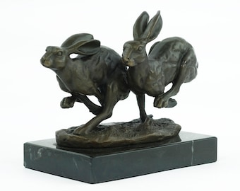 Bronze Running Hares Sculpture Animal Art Figurine Hunting Decoration Bronze Hares Statue Wildlife Bronze Sculpture Running Hares Hunt Gift