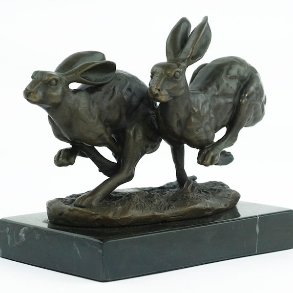 Bronze courant lièvres Sculpture Animal Art Figurine chasse décoration Bronze lièvres Statue faune Bronze Sculpture courant lièvres chasse cadeau