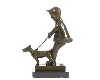 Bronze Sculpture of a Girl Walking a Dog Art Deco Statue of Girl with Dog Bronze Dog Figurine Art Sculpture Dog on Leash Dog Lovers Gift