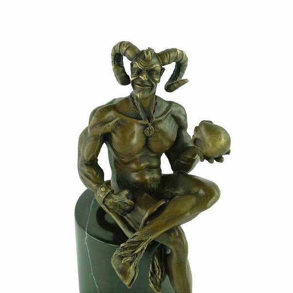 Bronze Satyr Holding Skull Sculpture Bronze Mythology Statue Greek Mythology Sculpture Sitting Satyr Bronze Sculpture Signed M. Nick