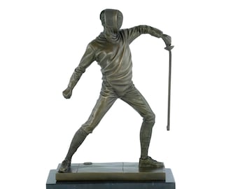 Bronze Fencer Sculpture Contemporary Art Statue Defending Fencer Statue Fencing Sports Trophy Sword Fighting Sculpture Fencing Art Deco