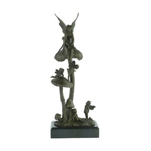 Large Bronze Fairies on Mushrooms Statue Bronze Fairies Sculpture Mythology Figurine Winged Fairy Art Bronze Art Sculpture Fairy Decoration