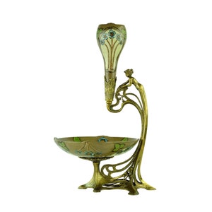 Bronze Mounted Porcelain Flower Vase with Tray in Jugendstil Style Porcelain Vase in Art Nouveau Style Floral Decoration Jugendstil Decor