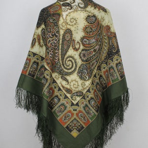 NEW WITH TAGS! Luxury Authentic Original Pavlovo Posad Shawl 100% Wool Scarf 125x125 cm 49x49 inches Russian scarf Wrap Silk Fringe 1344-10