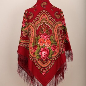 NEW WITH TAGS! Luxury Authentic Original Pavlovo Posad Shawl 100% Wool Scarf 125x125 cm 49x49 inches Russian scarf Wrap Silk Fringe 10-5
