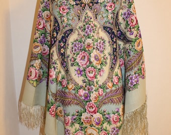 NIEUW MET LABELS Dames Authentieke Originele Pavlovo Posad Sjaal 146x146 cm 57x57&quot; Bloemen Warm Zacht 100% Wol Russische Sjaal Wikkel Cadeau 1541-2
