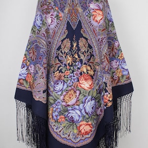 NEW WITH TAGS! Women&#39;s Original Pavlovo Posad Shawl 148x148 cm 58x58 inch Floral Warm Soft 100% Wool russian scarf Wrap Cape Gift 1025-14