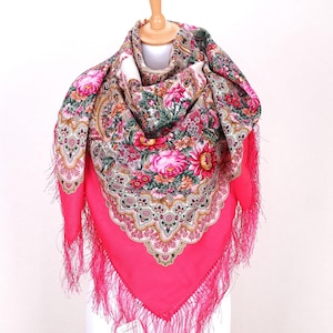 NEW WITH TAGS! Authentic Original Pavlovo Posad Shawl 100% Wool Scarf 125x125 cm 49x49 inches Russian scarf Wrap Silk Fringe Gift 2105-5