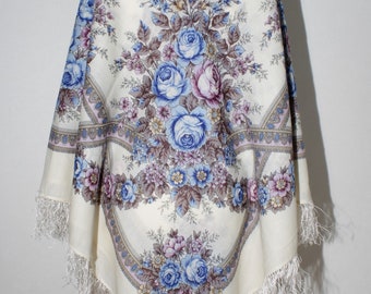 NIEUW MET LABELS Dames Authentieke Pavlovo Posad Sjaal 146x146 cm 57x57&quot; Bloemen Warm Zacht 100% Wol Russische Sjaal Wikkel Cadeau Aroma Zomer 1432-2