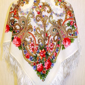 NEW WITH TAGS! Authentic Original Pavlovo Posad Shawl 100% Wool Scarf 89x89 cm 35x35 inches russian scarf Wrap Silk Fringe gift 1345-3