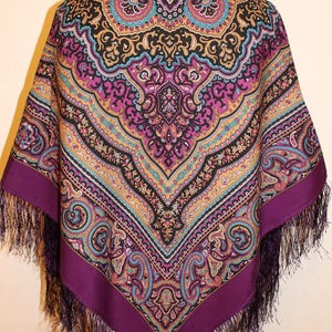 NEW WITH TAGS! Luxury! Authentic Original Pavlovo Posad Shawl 100% Wool Scarf 110x110 cm 44x44 inches russian scarf Wrap Silk Fringe 1625-15