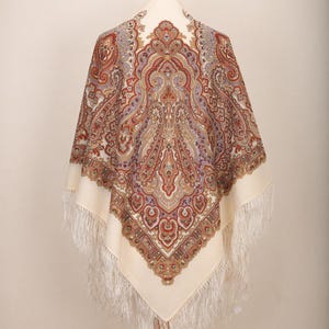 NEW WITH TAGS! Luxury! Authentic Original Pavlovo Posad Shawl 100% Wool Scarf 125x125 cm russian scarf Wrap Silk Fringe Free shipping 1008-2