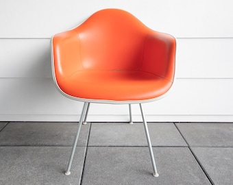 SOLD | Vintage Eames Orange Red  DAH Vinyl Padded Cream White Fiberglass Herman Miller Armchair