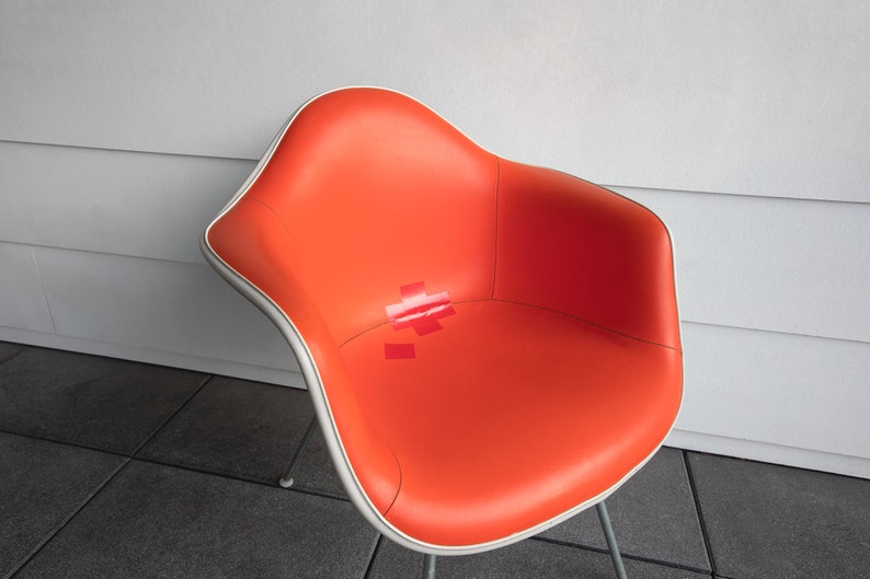 SOLD Vintage Eames Orange Red DAH Vinyl Padded Cream White Fiberglass Herman Miller Armchair image 6