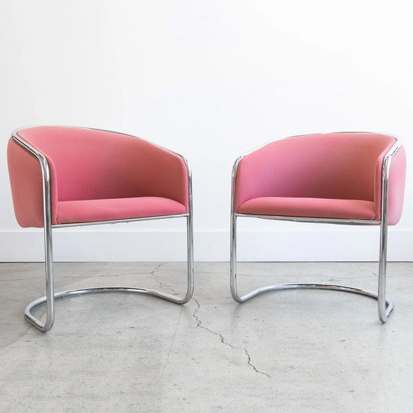 Vintage Anton Lorenz Cantilevered Club Lounge Chairs by Thonet in Original Pink Velvet & Gorgeous Chrome