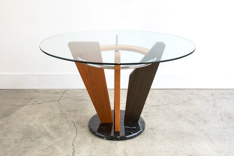 1980s Vintage Memphis Peter Shire Style Glass Top Dinning Table With Black Marble Base image 1