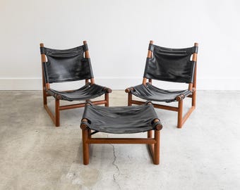 ON HOLD | Vintage Børge Jensen Rosewood Leather Safari Sling Lounge Chairs with Matching Ottoman | 1960