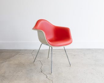 Vintage Eames for Herman Miller Vinyl Orange/Red with White Fiberglass Arm Chair 1960s