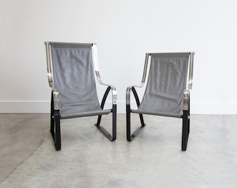 Vintage Art Deco Salvatore Bevelacqua Machine Age, McKay Craft Cantilevered Sling Lounge Chairs | His and Hers | 1930