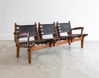 Vintage Angel Pazmino Rosewood & Hand-Tooled Leather Three-Seat Bench / Sofa, Ecuador | 1960
