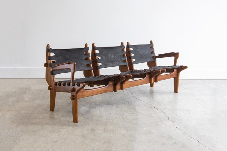 Rare Vintage Angel Pazmino Rosewood & Hand-Tooled Leather Three-Seat Bench / Sofa, Ecuador, circa 1960 image 1