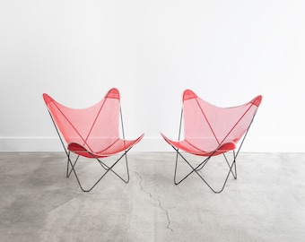 Vintage Knoll Butterfly Chairs by Jorge Ferrari-Hardoy | Red Transparent Seats | Circa 1970