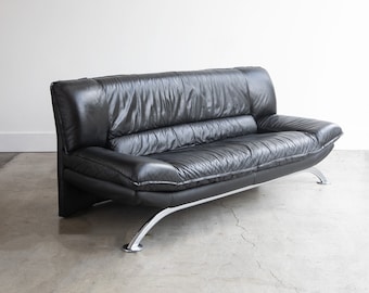 Vintage Postmodern Nicoletti Salotti Italian Leather Interline Italia Couch | Black | Rare Metal Base