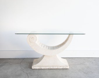 SOLD | 80s Vintage Sculptural Tessellated Stone and Beveled Glass Console Table Postmodern Artedi