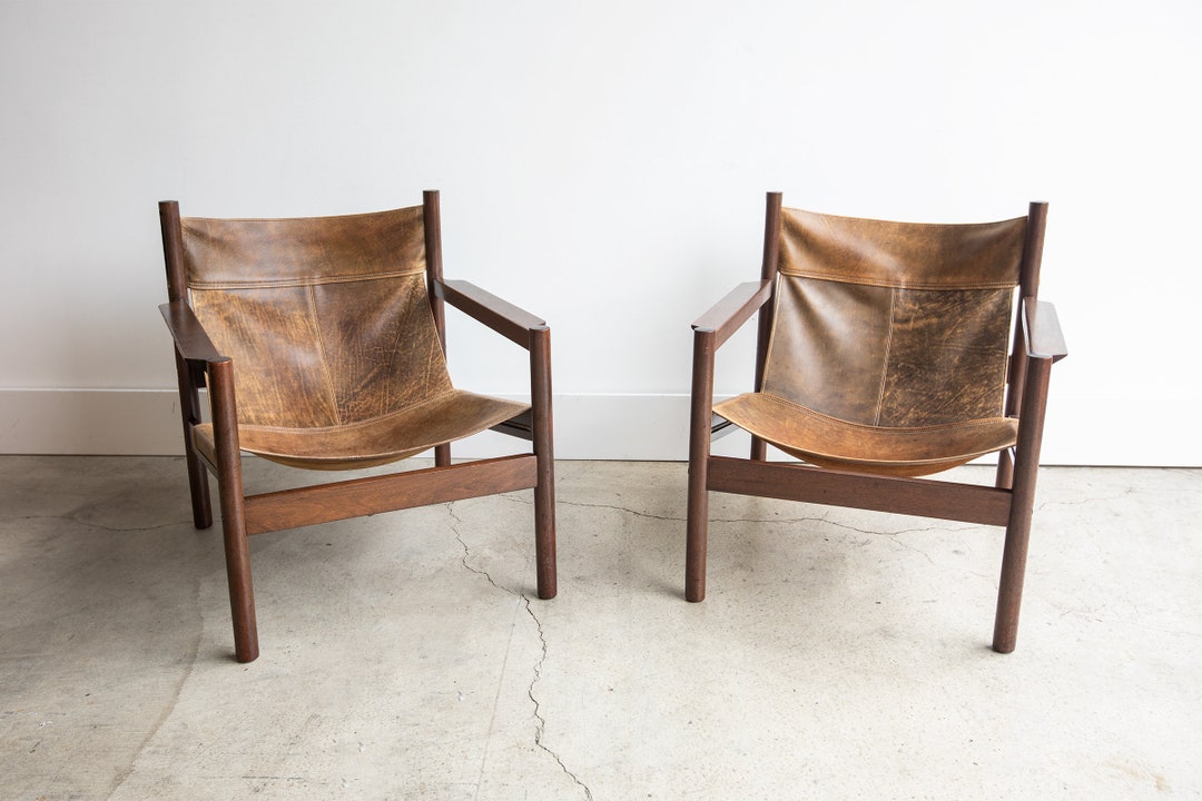SOLD Vintage 1960 s Michel Arnoult Roxinho Leather Sling Lounge Chairs Mobilia Contemporanea Etsy Finland