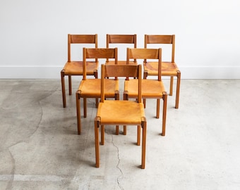 SOLD | Vintage Pierre Chapo S24 Chairs Set of 6 in Elm and Leather Made in France | 1960
