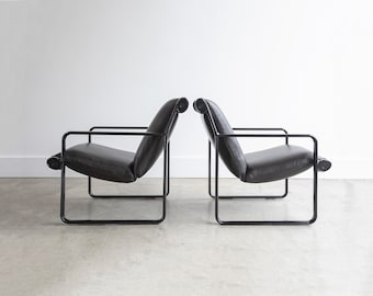 SOLD | 1970s Knoll Aluminum Sling Lounge Chairs by Bruce Hannah and Andrew Morrison in Gorgeous Dark Dark Brown Leather