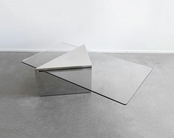 Vintage Brueton Triform Glass Coffee Table by J. Wade Beam | Postmodern, Mid Century, Cantilever | 1980