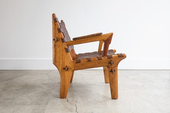 Angel Pazmino Fruitwood & Hand-tooled Leather Lounge Chair