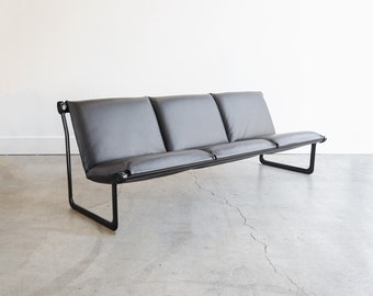 Vintage Knoll Aluminum Sling 3 Seat Sofa by Bruce Hannah and Andrew Morrison in Gorgeous Dark Brown Leather Circa 1970