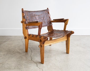 Rare Vintage Angel Pazmino Fruitwood & Hand-Tooled Leather Lounge Chair, Ecuador, circa 1960