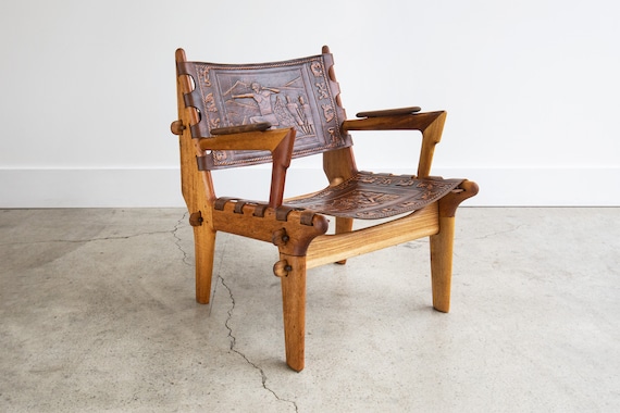希少angel pazmino アンヘル・パスミーニョ　フォールディングチェア Angel Pazmino Fruitwood & Hand-tooled Leather Lounge Chair