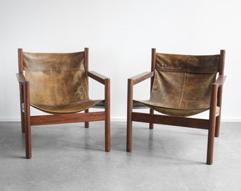 SOLD | Vintage 1960's Michel Arnoult Roxinho Leather Sling Lounge Chairs Mobilia Contemporanea