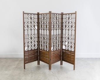 Vintage Japanese Mid-Century Modern Teak Shoji Six-Panel Folding Room Divider | Kumiko | 1960